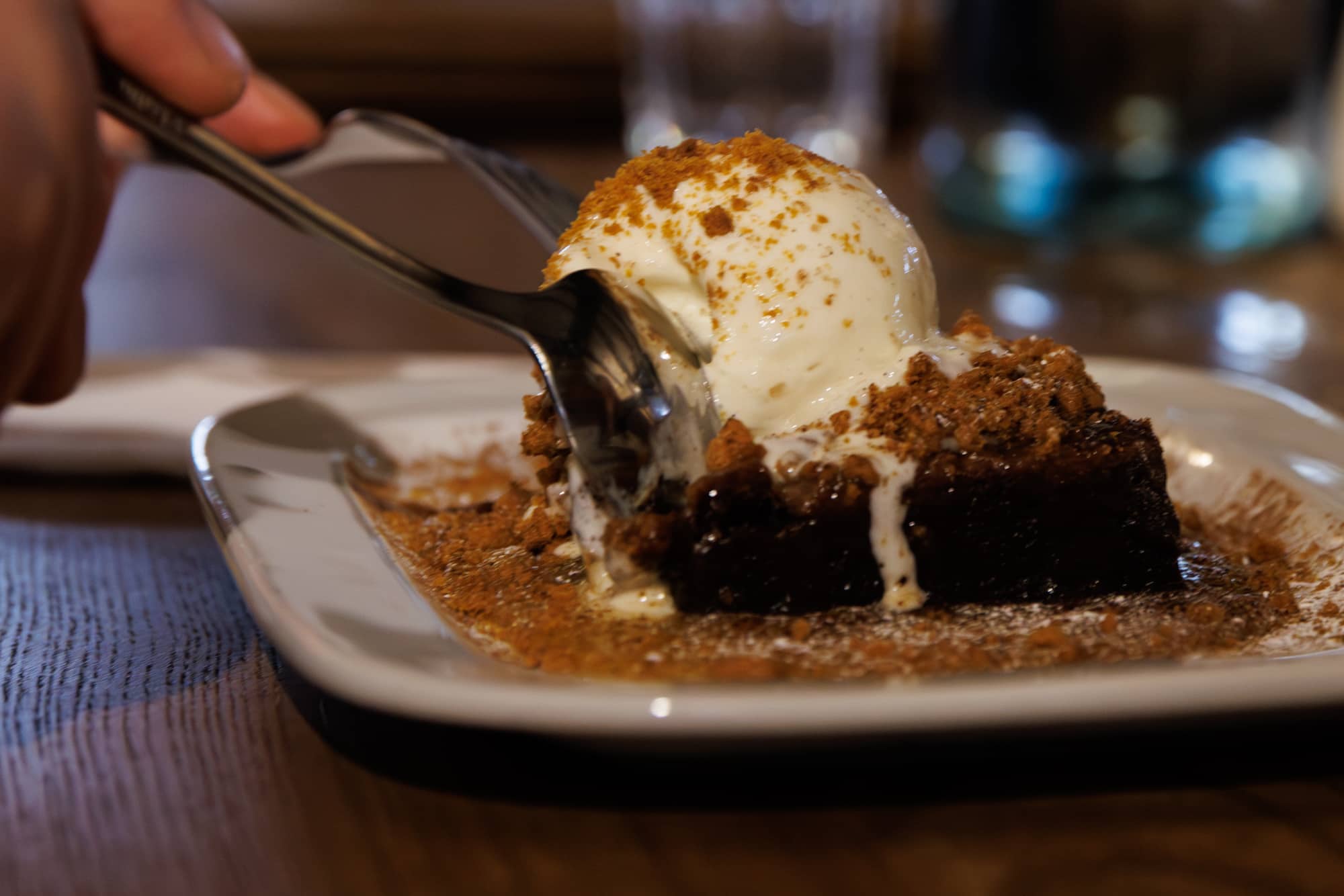Warm chocolate brownie, country inn restaurant.
